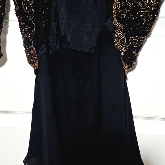 Oleg Cassini Black Tie Formal Bead Sheath Dress 8 Vintage Black Copper  1980s
